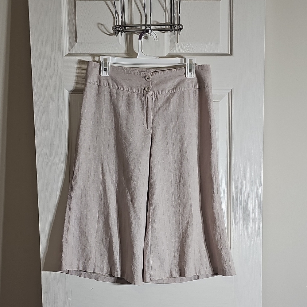 Take That Cream And Gold Wide Leg Linen Blend Culottes Loose Fit Capri Pants 7